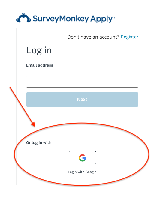 Screen shot of log in page with red circle around the "Login with Google" option.